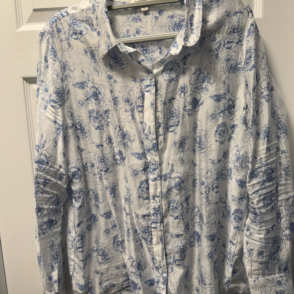 Floral Blue and White Women’s Button Blouse